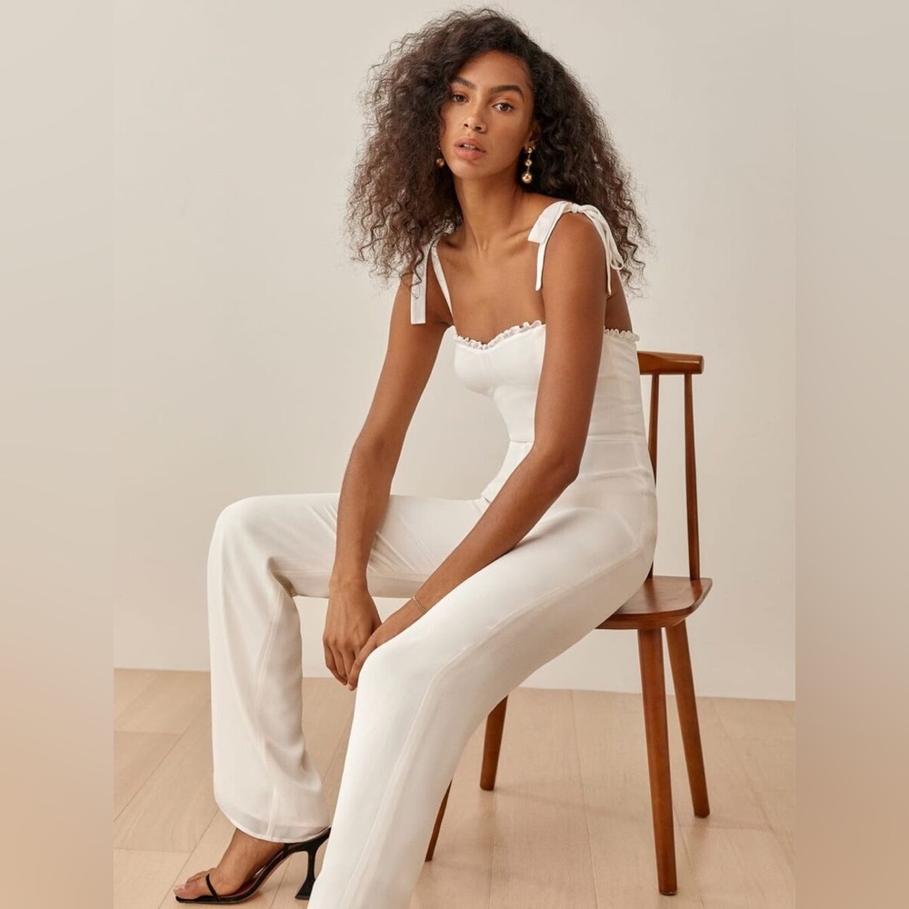 Reformation Ivory Wide-Leg Jumpsuit 🤍 | Sweetheart Neckline – Size 12 - Picture 3 of 16
